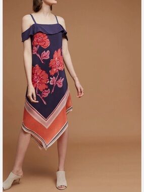 Anthropologie Moulinette Soeurs Tilda Silk Navy Scarf Dress Large Asymmetric